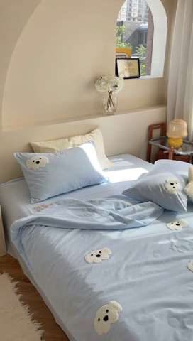 91家纺网 家纺一手货源 找家纺 柚子 2024新款全棉水洗新疆棉夏被四件套 小白狗