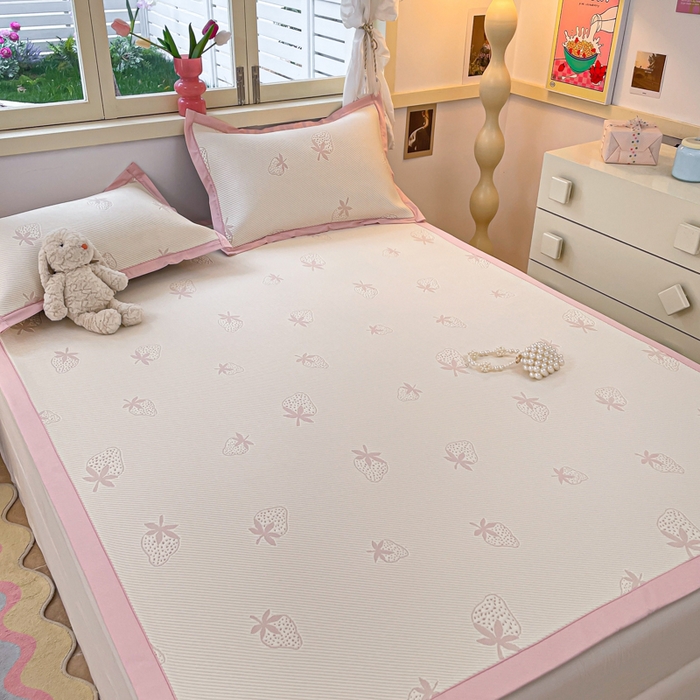 91家纺网 家纺一手货源 找家纺 慕澄 2024新款A类PE提花凉感豆豆复合款凉席 提花豆豆-草莓粉