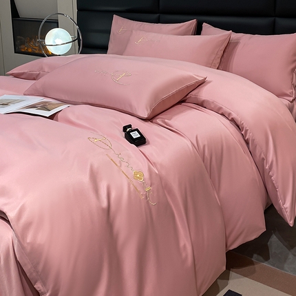 澳梵 2024新款水洗真丝刺绣四件套 米兰生活-豆沙红