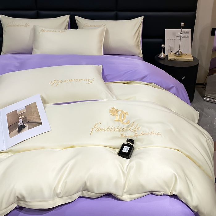 91家纺网 家纺一手货源 找家纺 澳梵 2024新款水洗真丝刺绣四件套 米兰生活-白紫