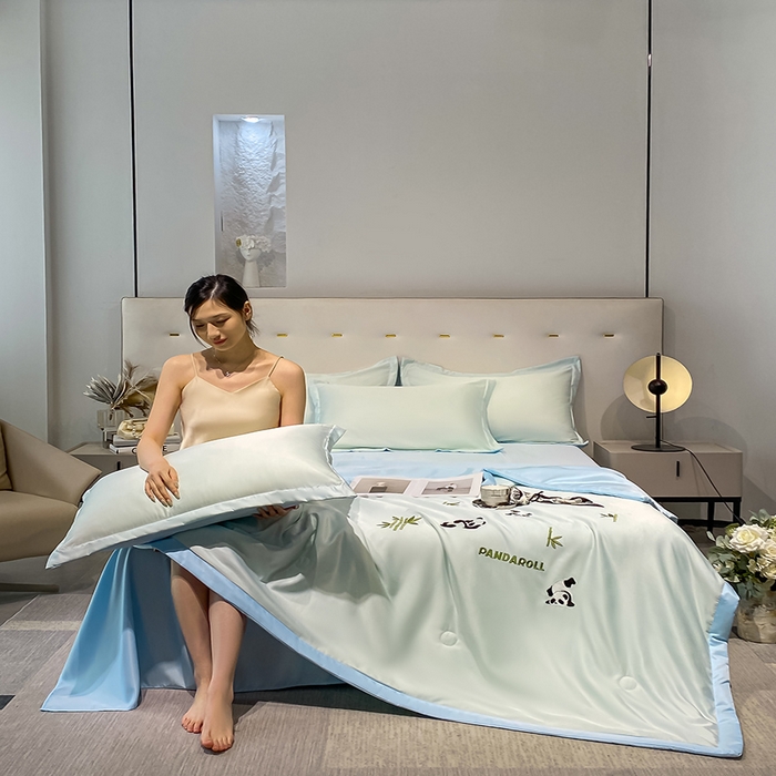 91家纺网 家纺一手货源 找家纺 澳梵 2024新款莫代尔夏被四件套 小熊猫-绿