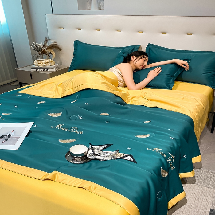 91家纺网 家纺一手货源 找家纺 澳梵 2024新款莫代尔夏被四件套 羽毛绿