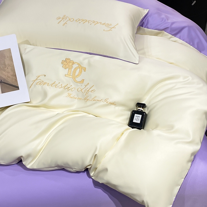 91家纺网 家纺一手货源 找家纺 澳梵 2024新款水洗真丝刺绣四件套 米兰生活-白紫