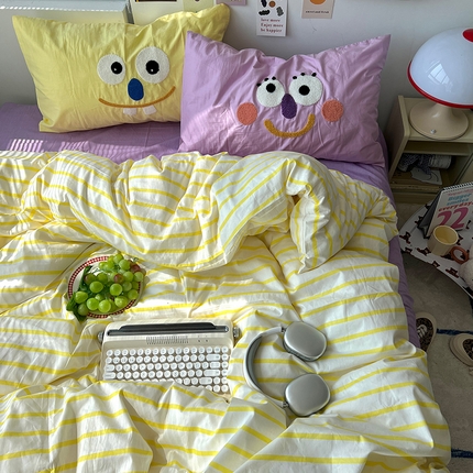 91家纺网 家纺一手货源 找家纺 （总）原素 2024新款水洗棉多巴胺条纹萌趣款毛巾绣四件套