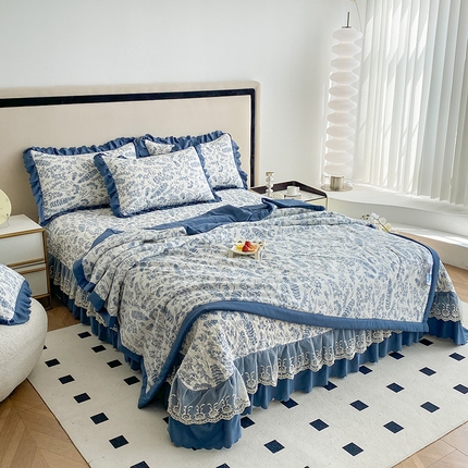 91家纺网 家纺一手货源 找家纺 （总）艺慕家纺 2025新款水洗棉麻双层纱夏被床盖四件套