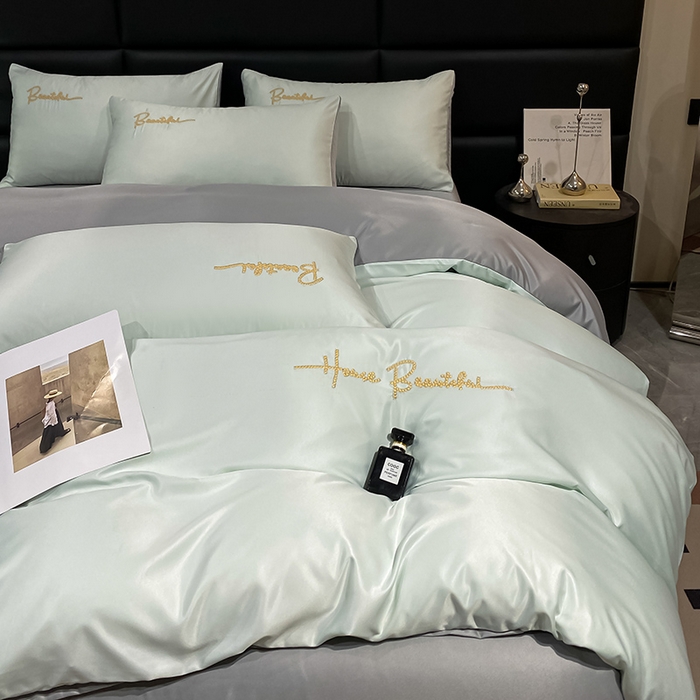 91家纺网 家纺一手货源 找家纺 澳梵 2024新款水洗真丝刺绣四件套 芭特芙-奶白灰