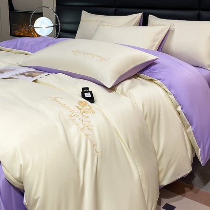 91家纺网 家纺一手货源 找家纺 澳梵 2024新款水洗真丝刺绣四件套 米兰生活-白紫