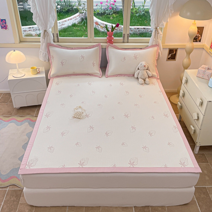 91家纺网 家纺一手货源 找家纺 慕澄 2024新款A类PE提花凉感豆豆复合款凉席 提花豆豆-草莓粉