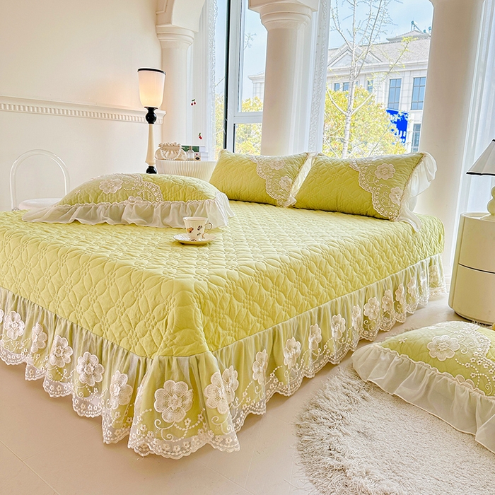 91家纺网 家纺一手货源 找家纺 罗艺轩 2024新款公主风水洗棉全夹棉床盖款三件套-盛宴 盛宴-元气绿