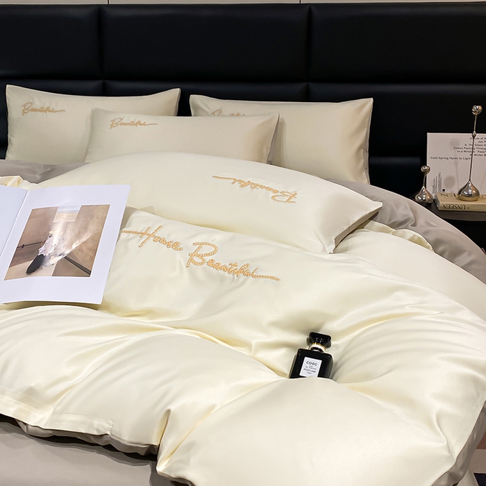 91家纺网 家纺一手货源 找家纺 澳梵 2024新款水洗真丝刺绣四件套 芭特芙-奶白咖