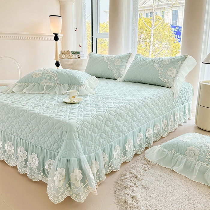 91家纺网 家纺一手货源 找家纺 罗艺轩 2024新款公主风水洗棉全夹棉床盖款三件套-盛宴 盛宴-海盐蓝