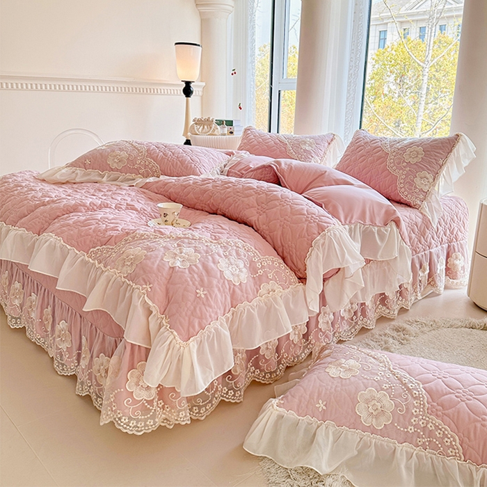 91家纺网 家纺一手货源 找家纺 罗艺轩 2024新款公主风水洗棉全夹棉床盖款四件套-盛宴 盛宴-豆沙