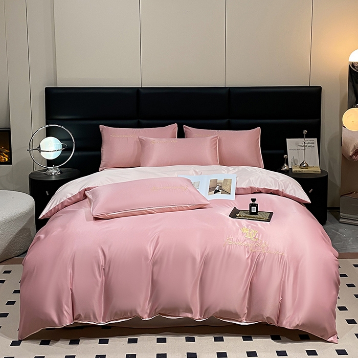 91家纺网 家纺一手货源 找家纺 澳梵 2024新款水洗真丝刺绣四件套 米兰生活-豆沙红粉玉