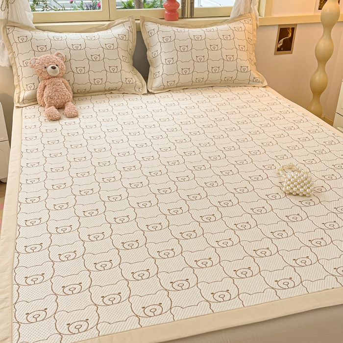 91家纺网 家纺一手货源 找家纺 慕澄 2024新款A类PE提花凉感豆豆复合款凉席 提花豆豆-小熊头-咖