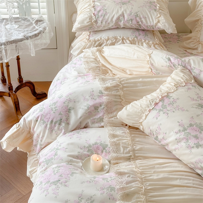 91家纺网 家纺一手货源 找家纺 婳庭家居 2024新款法式全棉印花四件套 花卉-淡粉