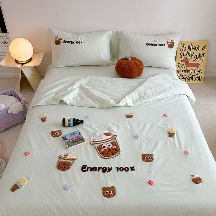 91家纺网 家纺一手货源 找家纺 柚子 2024新款全棉水洗新疆棉夏被四件套 珍珠奶茶