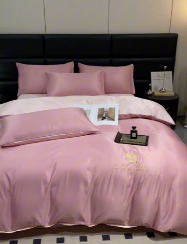 91家纺网 家纺一手货源 找家纺 澳梵 2024新款水洗真丝刺绣四件套 米兰生活-豆沙红粉玉