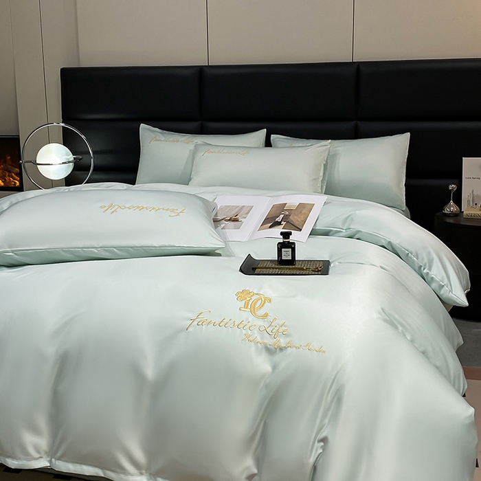 91家纺网 家纺一手货源 找家纺 澳梵 2024新款水洗真丝刺绣四件套 米兰生活-水绿