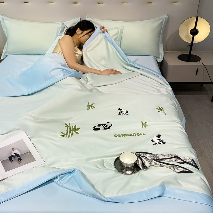 91家纺网 家纺一手货源 找家纺 澳梵 2024新款莫代尔夏被四件套 小熊猫-绿