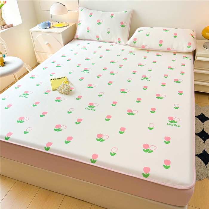 91家纺网 家纺一手货源 找家纺 喜居 2024新款碳光冰丝席床笠款 粉色郁金香