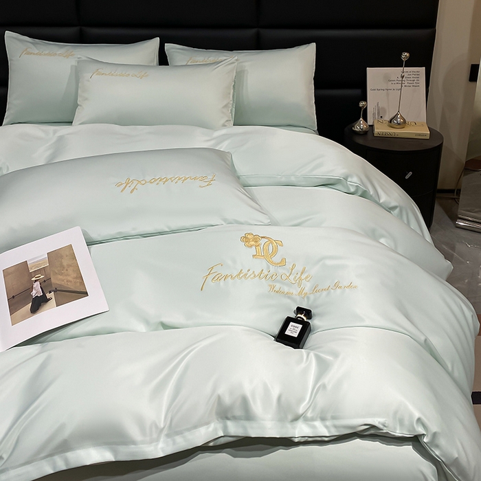 91家纺网 家纺一手货源 找家纺 澳梵 2024新款水洗真丝刺绣四件套 米兰生活-水绿