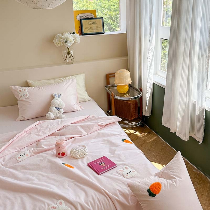 91家纺网 家纺一手货源 找家纺 柚子 2024新款全棉水洗新疆棉夏被四件套 小白兔