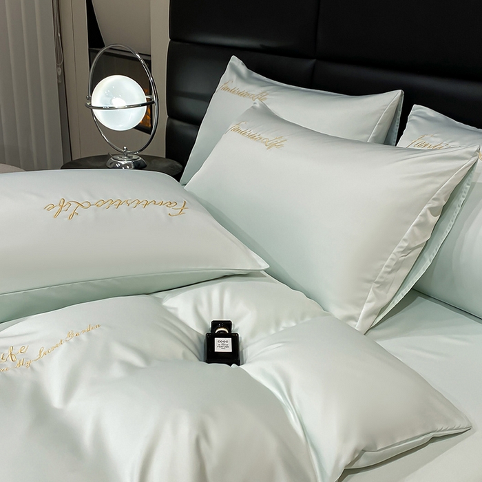 91家纺网 家纺一手货源 找家纺 澳梵 2024新款水洗真丝刺绣四件套 米兰生活-水绿