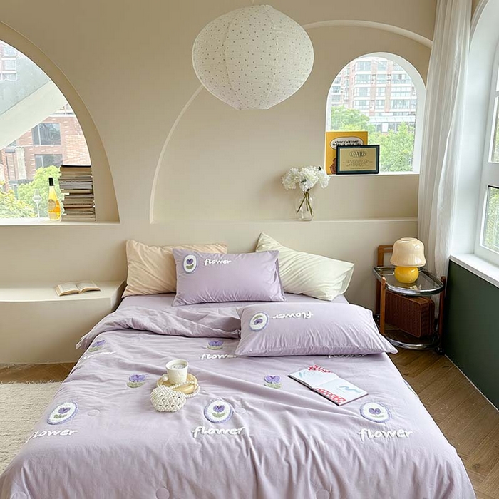 91家纺网 家纺一手货源 找家纺 柚子 2024新款全棉水洗新疆棉夏被四件套 紫郁香