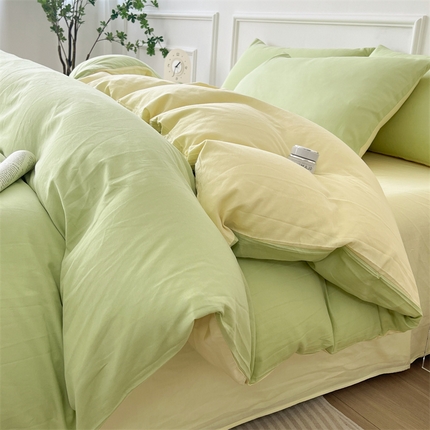 91家纺网 家纺一手货源 找家纺 多品家纺 2024年春夏新品全棉双拼纯色无印风四件套 奶昔果绿