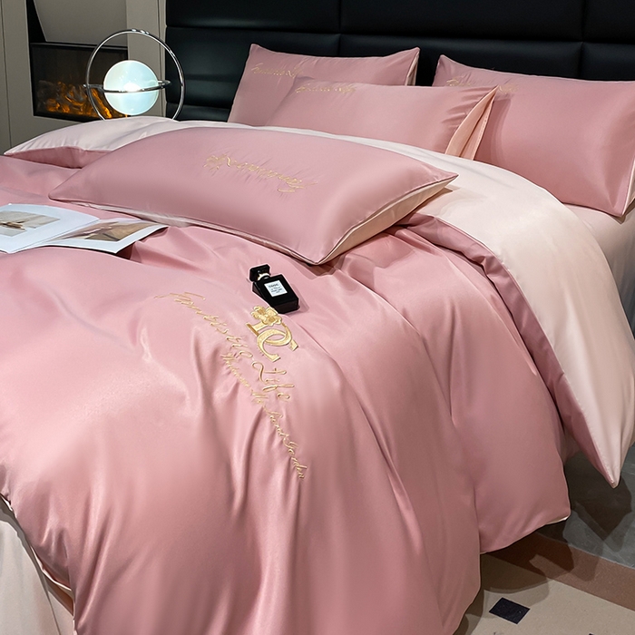 91家纺网 家纺一手货源 找家纺 澳梵 2024新款水洗真丝刺绣四件套 米兰生活-豆沙红粉玉