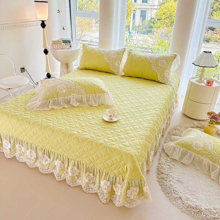 91家纺网 家纺一手货源 找家纺 罗艺轩 2024新款公主风水洗棉全夹棉床盖款三件套-盛宴 盛宴-元气绿