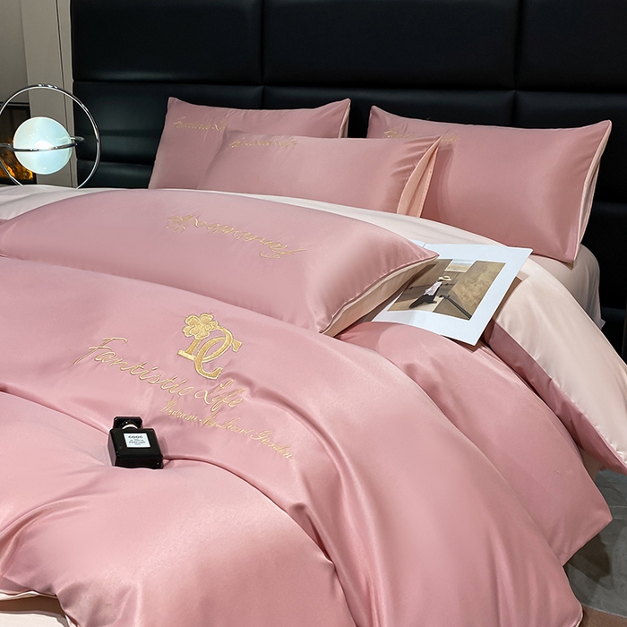 91家纺网 家纺一手货源 找家纺 澳梵 2024新款水洗真丝刺绣四件套 米兰生活-豆沙红粉玉