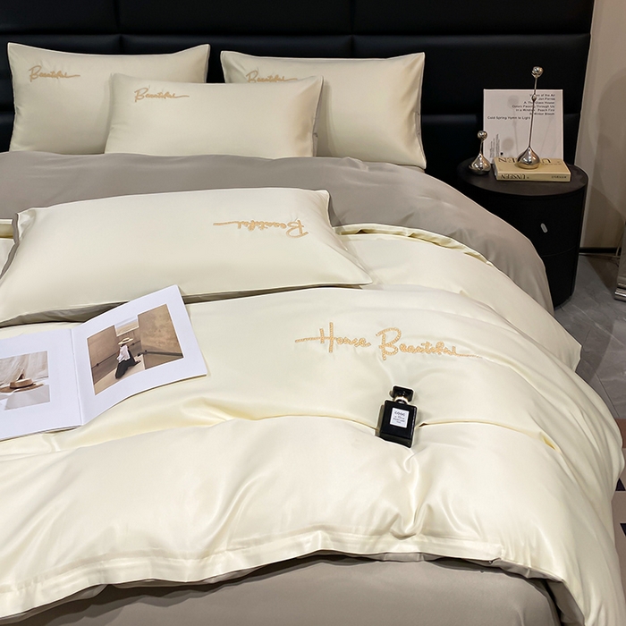 91家纺网 家纺一手货源 找家纺 澳梵 2024新款水洗真丝刺绣四件套 芭特芙-奶白咖