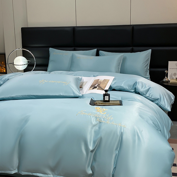 91家纺网 家纺一手货源 找家纺 澳梵 2024新款水洗真丝刺绣四件套 米兰生活-柔情蓝