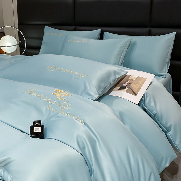 91家纺网 家纺一手货源 找家纺 澳梵 2024新款水洗真丝刺绣四件套 米兰生活-柔情蓝