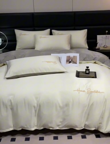 91家纺网 家纺一手货源 找家纺 澳梵 2024新款水洗真丝刺绣四件套 芭特芙-奶白咖