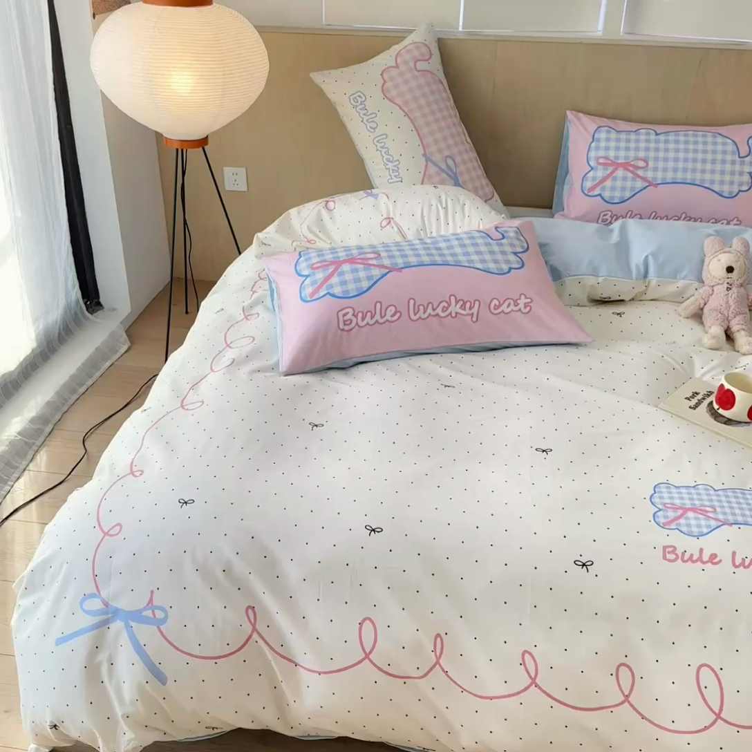91家纺网 家纺一手货源 找家纺 千朵 2024新款13372全棉大版四件套 格子猫