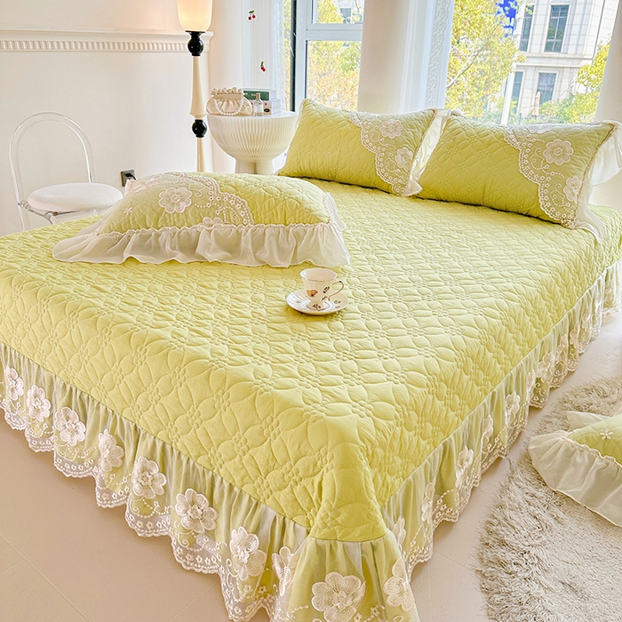 91家纺网 家纺一手货源 找家纺 罗艺轩 2024新款公主风水洗棉全夹棉床盖款三件套-盛宴 盛宴-元气绿