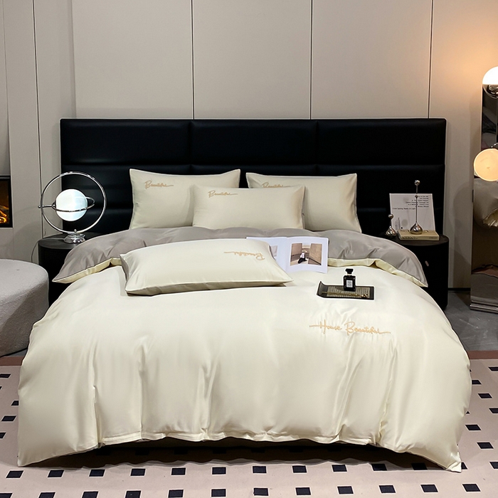 91家纺网 家纺一手货源 找家纺 澳梵 2024新款水洗真丝刺绣四件套 芭特芙-奶白咖