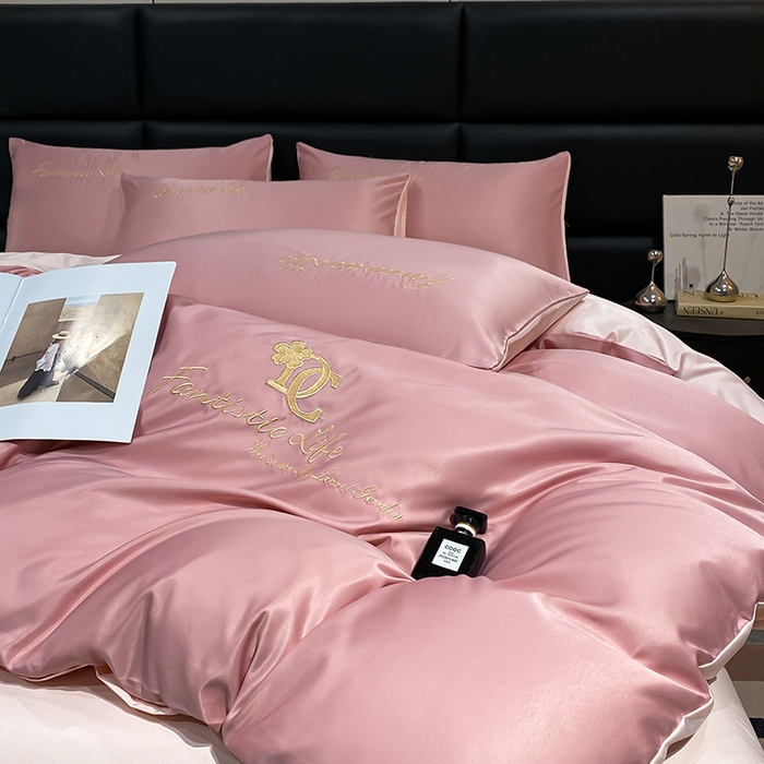 91家纺网 家纺一手货源 找家纺 澳梵 2024新款水洗真丝刺绣四件套 米兰生活-豆沙红粉玉