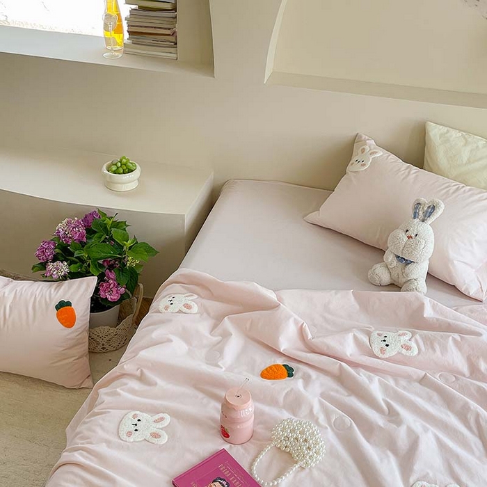 91家纺网 家纺一手货源 找家纺 柚子 2024新款全棉水洗新疆棉夏被四件套 小白兔