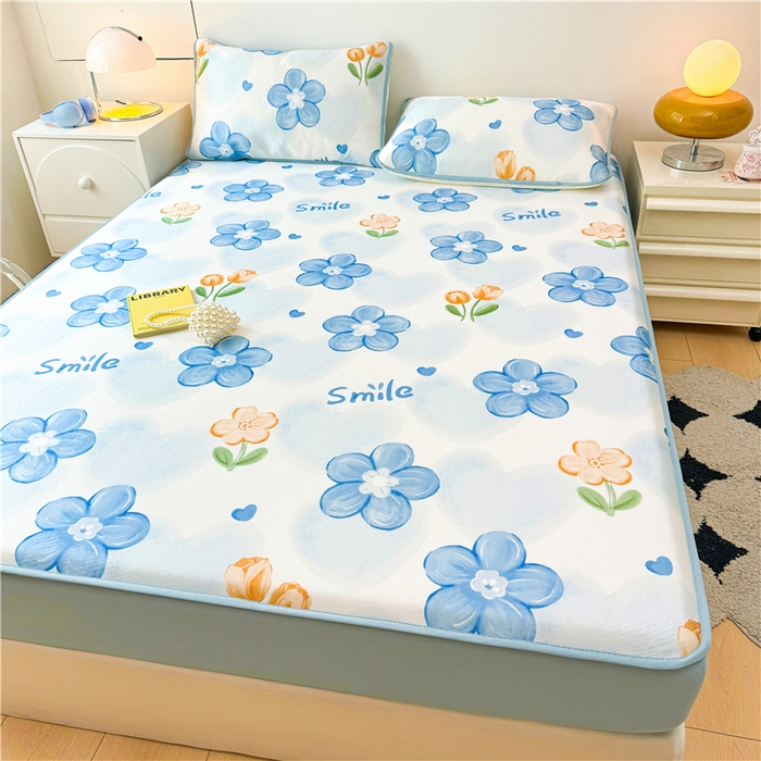 91家纺网 家纺一手货源 找家纺 喜居 2024新款碳光冰丝席床笠款 蓝色花海