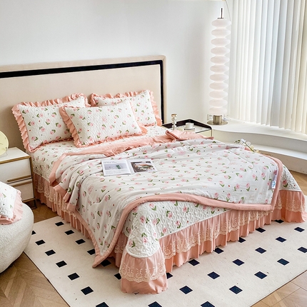 91家纺网 家纺一手货源 找家纺 （总）艺慕家纺 2025新款水洗棉麻双层纱夏被床盖四件套