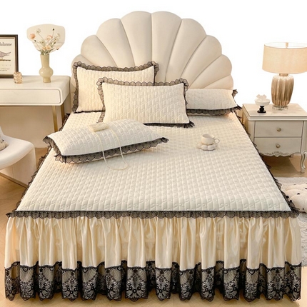 91家纺网 家纺一手货源 找家纺 恋尚 2025新款纯色床笠式床裙乳胶三件套-香奈【控价155起】 香奈儿 米白