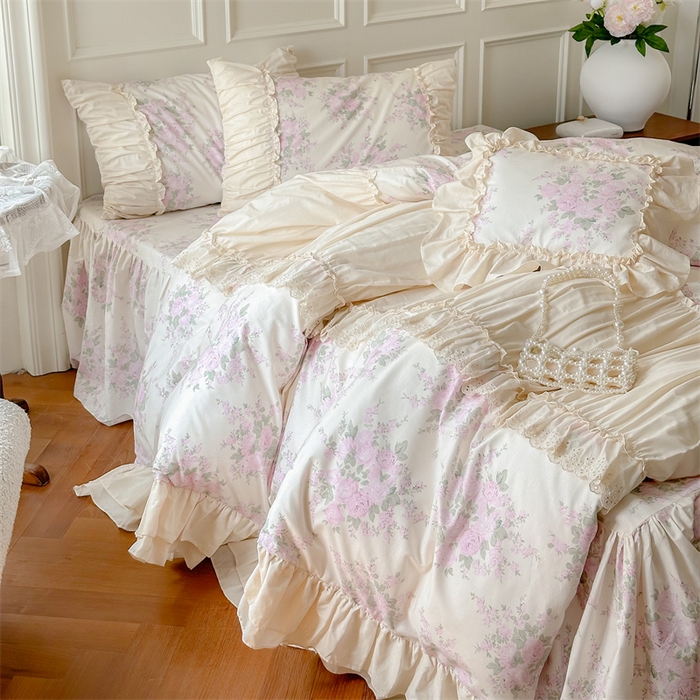 91家纺网 家纺一手货源 找家纺 婳庭家居 2024新款法式全棉印花四件套 花卉-淡粉