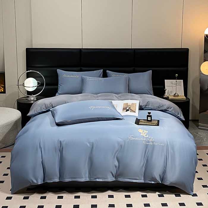 91家纺网 家纺一手货源 找家纺 澳梵 2024新款水洗真丝刺绣四件套 米兰生活-宾利蓝