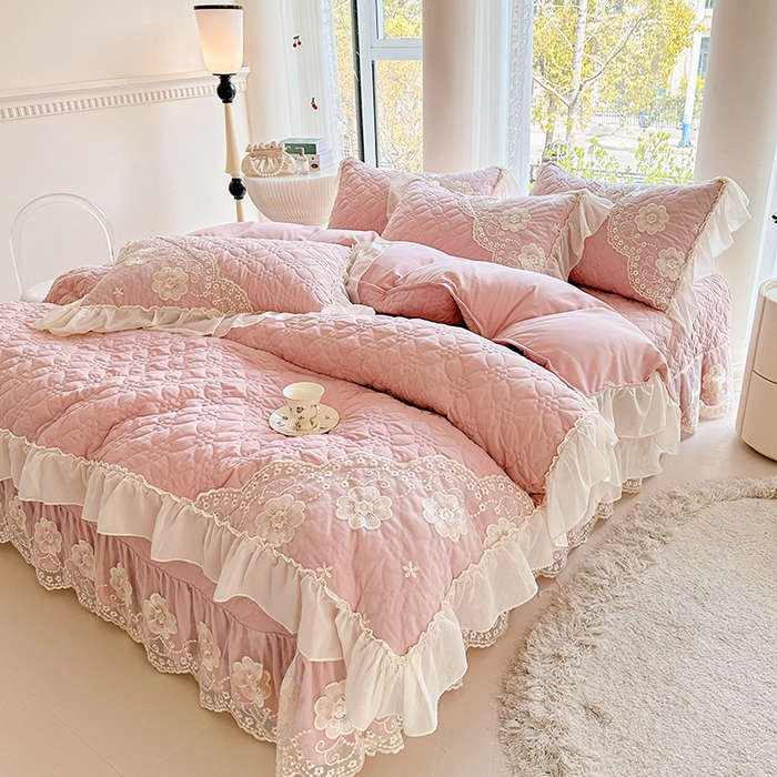 91家纺网 家纺一手货源 找家纺 罗艺轩 2024新款公主风水洗棉全夹棉床盖款四件套-盛宴 盛宴-豆沙
