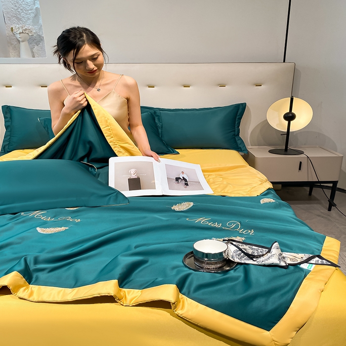 91家纺网 家纺一手货源 找家纺 澳梵 2024新款莫代尔夏被四件套 羽毛绿