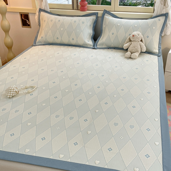 91家纺网 家纺一手货源 找家纺 慕澄 2024新款A类PE提花凉感豆豆复合款凉席 提花豆豆-菱格蓝