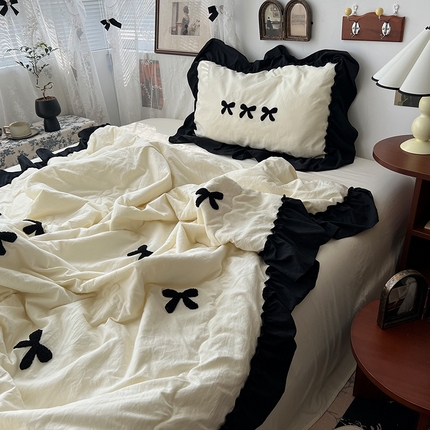 91家纺网 家纺一手货源 找家纺 原素 2024新款赫本风毛巾绣花边夏凉被四件套 赫本-米黄